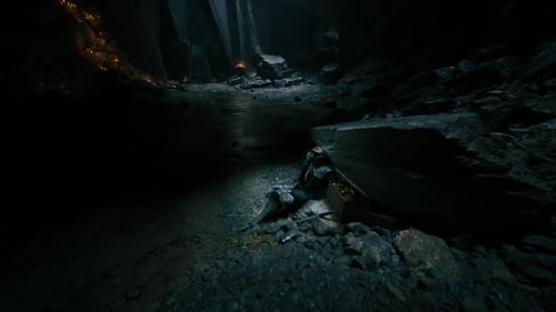 Knight Lying Dead in a Dark Cave with Shadows and Rocky Terrain
