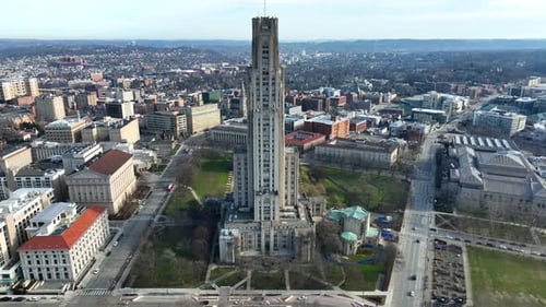 Cathedral of Learning at Pitt. Aerial establishing shot of University of Pittsburgh college campus.
