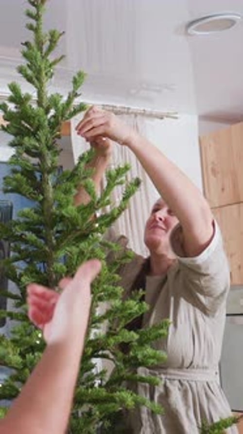 Woman Decorating Christmas Tree With Another Person Indoors