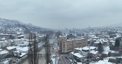 Sarajevo City Hall or National Library in Town Center Aerialhyper Lapse or Time Lapse