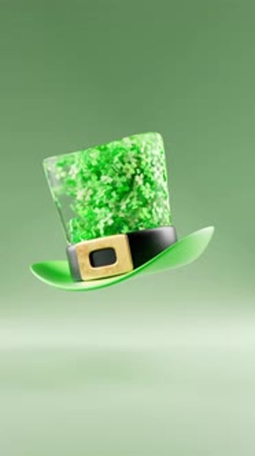 Saint Patricks Day video concept with green leprechaun hat filled with floating clovers on green