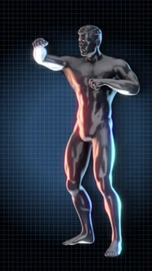 Futuristic 3D Human Boxing Animation on Grid Background