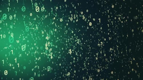 Binärcode, schwarzer und grüner Hintergrund mit sich bewegenden Ziffern auf dem Bildschirm