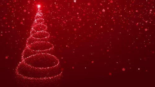 Glowing Christmas Tree Particles and Falling Snowflakes Red Background