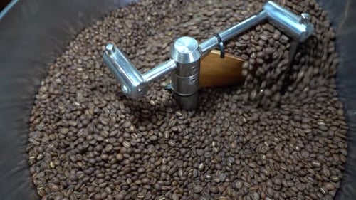 Roasted Coffee Beans Stirring in Industrial Machine