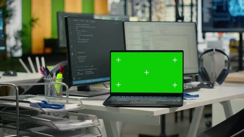 Mockup Laptop in AI Company Office Used to Automate Repetitive Tasks
