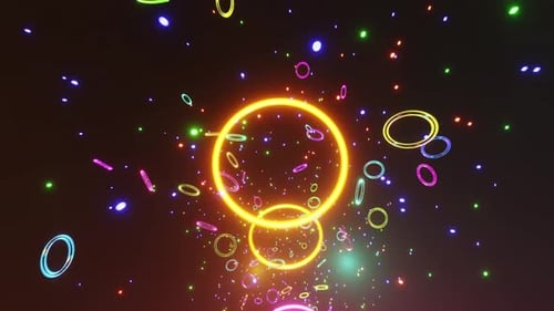 Kreis aus Neonlichtern mit Blasen und Konfetti. Animation in einer Schleife