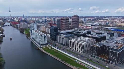 Aerial view of modern buildings on the bank of spree river , Berlin