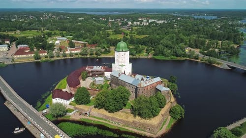 Aerial View of a Medieval Swedish Castle Fortress in Vyborg Old Town Amazing Panoramic Cityscape