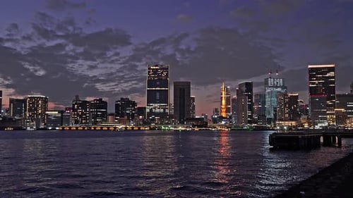 Night View of Tokyo Sign, Rainbow Bridge, and Skyline