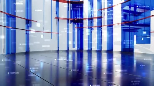 Futuristic Broadcast Studio Animation with Digital Data and Blue Panels