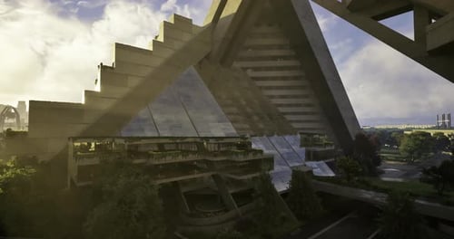 Diseño arquitectónico moderno en un entorno urbano vibrante durante la puesta de sol