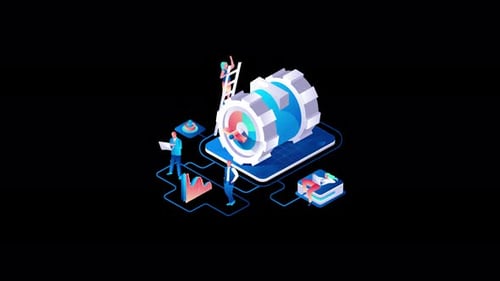 Abstract design featuring diverse characters in a tech environment