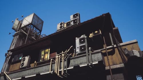 Urban Architecture View Showing Rooftop Air Conditioning Units at Dusk