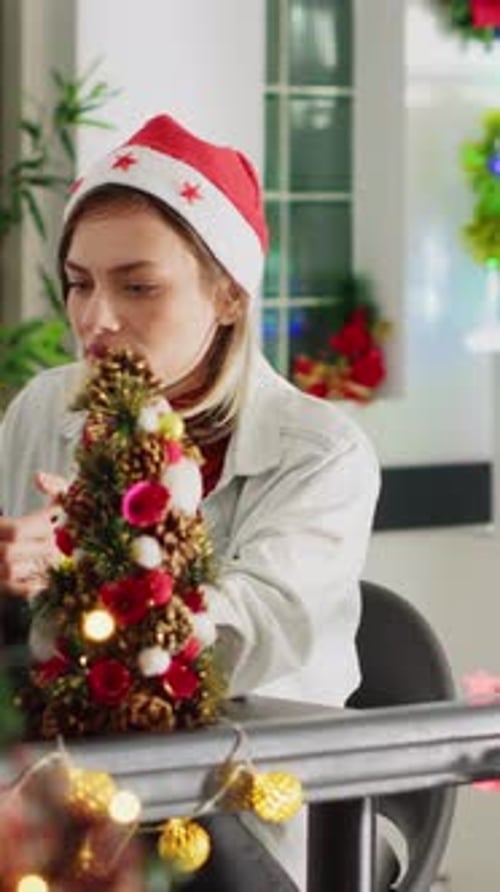 Vertical Video Woman Videocalls Husband in Xmas Office