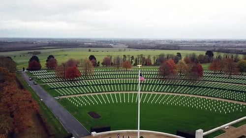 Aerial view of the American cemetary and memorial in Cambridge, United Kingdom. Fall 2017