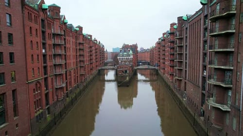 Aerial drone view of Speicherstadt in Hamburg, Germany. Residential district with classic buildings