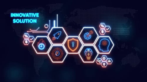 Innovative Lösung Hexagon-Symbole mit Weltkarten-Hintergrund, Innovationsidee
