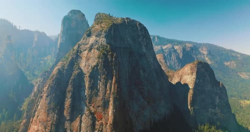 Overlooking Yosemite valley on background. Aerial view of beautiful national park landscapes.