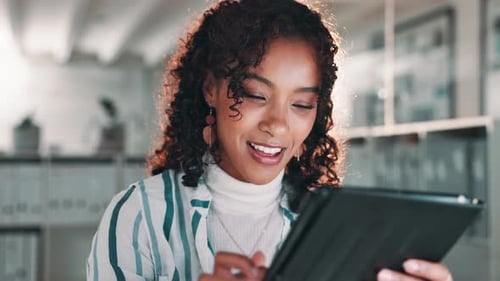 Happy, business woman and browsing with tablet for online research or reading news at office