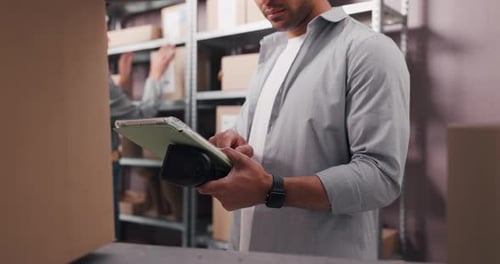 Ecommerce, hands and barcode scanner with tablet for box shipping, online order
