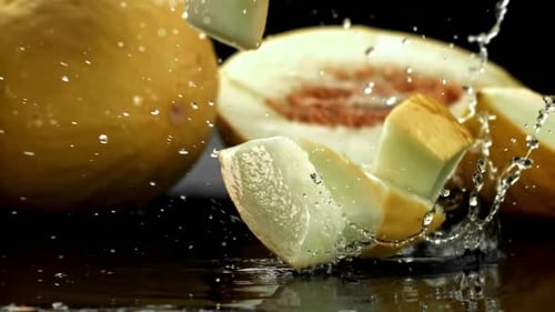 Des morceaux de melon tombent sur une surface mouillée, filmés par une caméra à haute vitesse à 1000 images par seconde