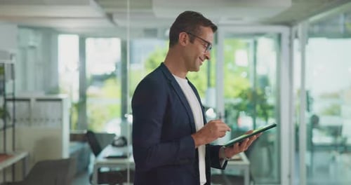 Tablet, thinking and business man with idea, problem solving and walking in office