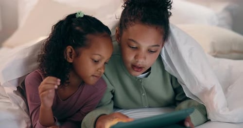 Love, sisters and happy with tablet on bed for cartoon search, streaming options or relationship