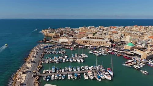 Aerial video over the old city of Acre in northern Israel