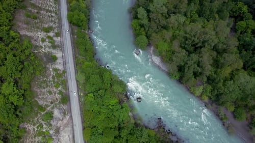 Above View of Cars Move on Road and Nature in Countryside Irrl