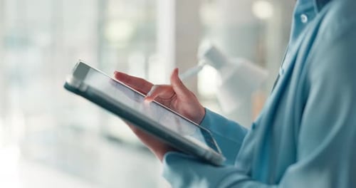 Tablet, scroll and hands of business woman in office for digital schedule