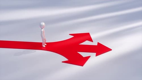 Metallic Mannequin is Walking on a Red Path That Splits Into Three Red Arrows Symbolizing Choices