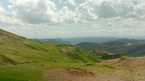 Beautiful green mountain slopes with grass and sparse forest on horizon