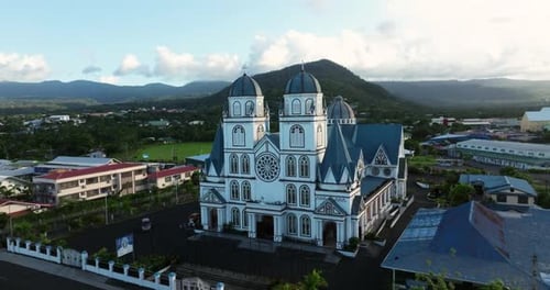 Aerial Drone View of Historic Cathedral Architecture in Lush Landscape