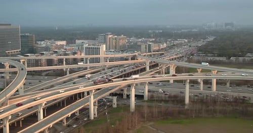 Complex Elevated Highway Interchange and Multi Level Bridge Infrastructure Over Metropolis