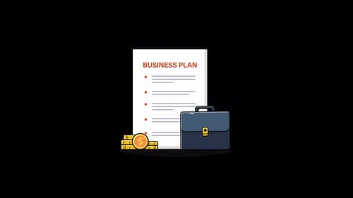 Animated Business Plan Document with Bag and Coin Stack. Business Plan Concept Video - Transparent