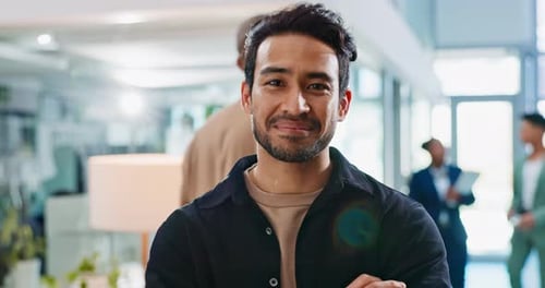 Man, happy and face in business for confidence, professional and career growth in news agency