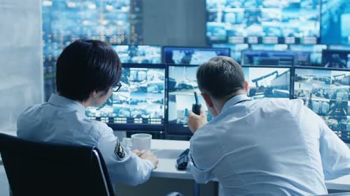 Two men monitoring security camera footage at work