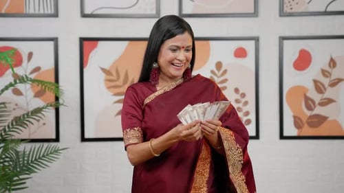 Woman Counts Currency Indoors