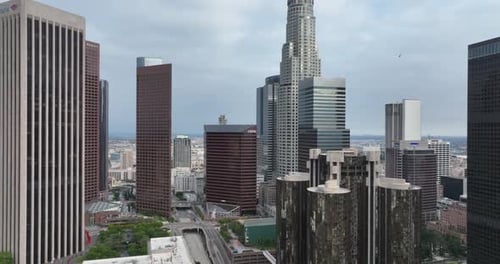 Los Angeles Downtown Fly LA By Drone Skyscrapers Cityscape at Sunny Day Los Angeles CA USA June 1