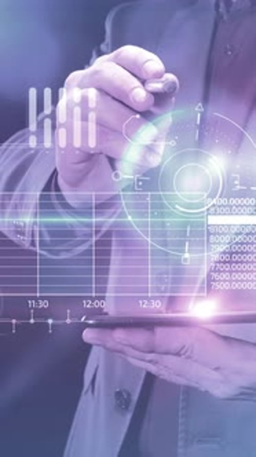 Businessman Works with Stock Infographics in the Virtual Panel of the Phone