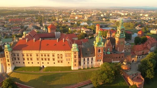 Sunrise Over Wawel Royal Castle In Krakow, Poland - aerial drone shot