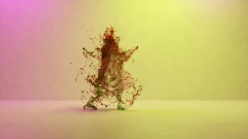 Dynamic 3D Rendering of a Dancing Figure Made From Exploding Particles in Autumn Colors Cast Against