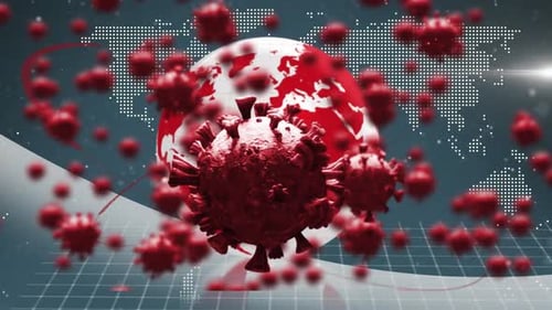 Animação de células da covid 19 flutuando sobre o mapa mundial em segundo plano