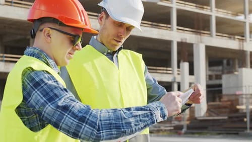 Constructeurs professionnels debout devant le chantier de construction, immeuble de bureaux et fond de grue