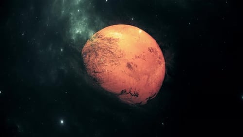 Red Planet Spinning in Cosmic Nebula Background