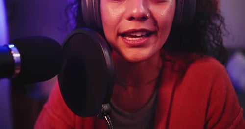 Podcast, woman and radio talk show with chat, live stream and social conversation on microphone