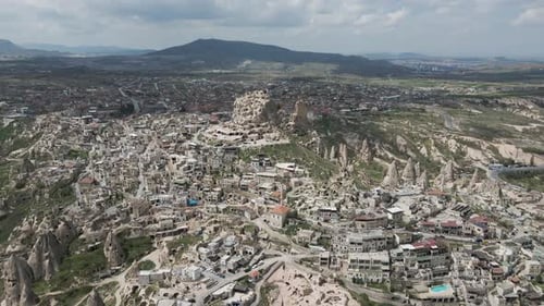 Aerial view of Uchisar Castle in Uchisar old town, Cappadocia, Turkey.