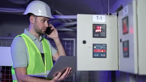 Electrical Engineer Inspects Control Panel in Server Room While Using Laptop and Talking on Phone