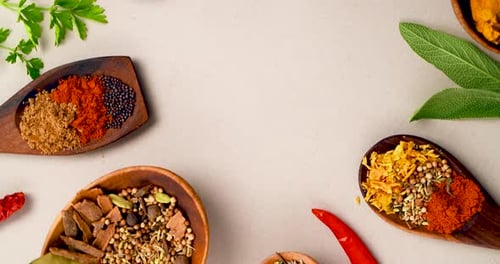 Gewürze, Kräuter und Chili zum Würzen, Küche und Studio für Curry, Würzmittel und höher